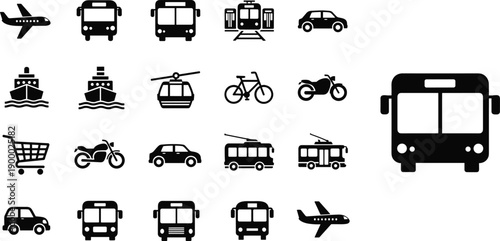Public transportation icons silhouettes set showing bus, tram, airplane, ship, car, bicycle, motorcycle and urban mobility black vector illustration