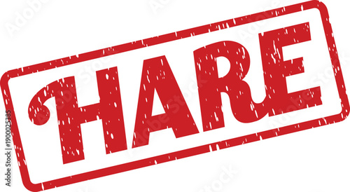 Grungy red rectangular rubber stamp imprint clearly displaying the animal name HARE on a clean surface