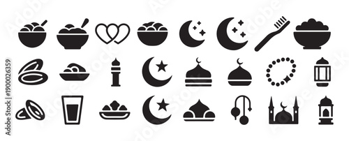  Islamic religious symbols and Ramadan dates icons, crescent and mosque. vector illustration eps 10