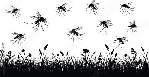 Mosquito silhouette vector, flying insects illustration, wild grass and flower field, pest control concept, nature scene, black and white artwork