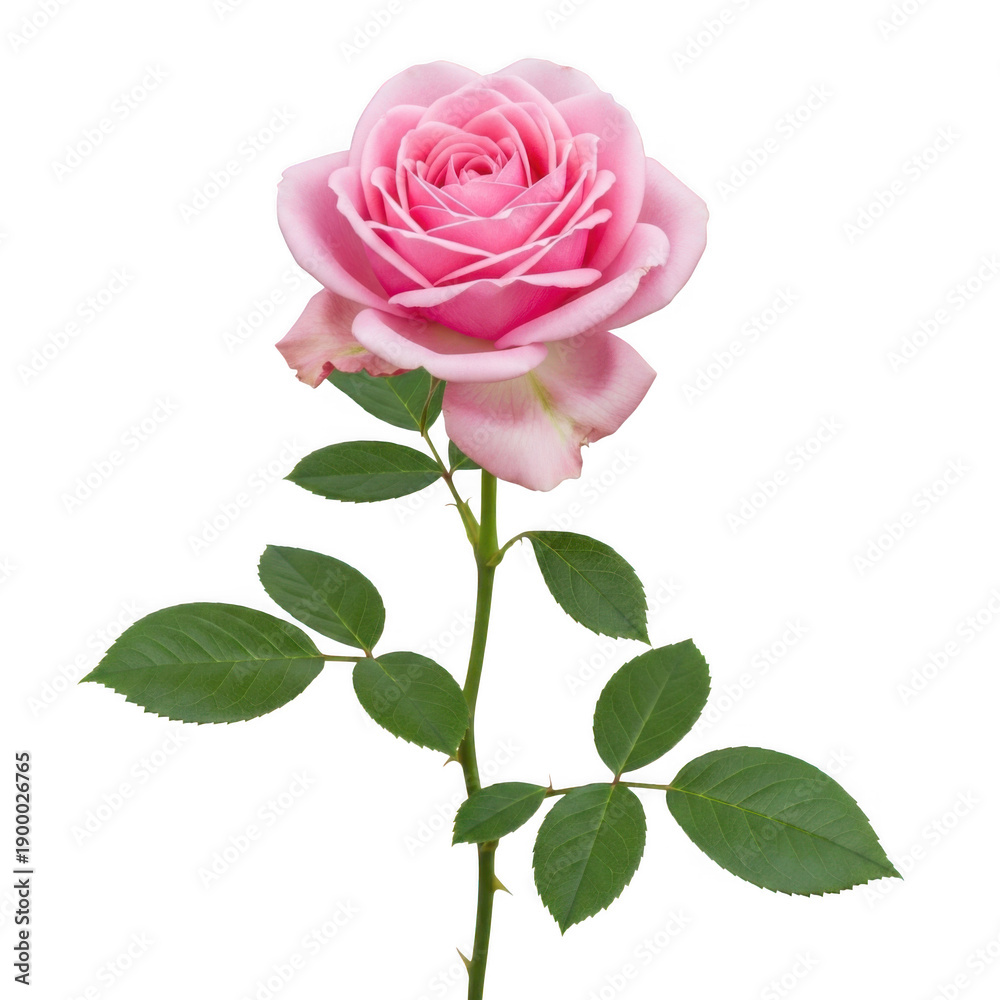 Naklejka premium A delicate pink rose with soft petals and vibrant green leaves.