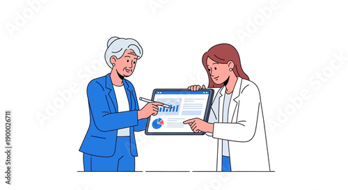 Two Businesswomen Analyzing Financial Report Data on a Tablet. Generational Teamwork, Strategy, and Digital Business Analysis.