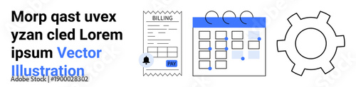 Billing receipt with pay button, calendar with highlighted events, and gear symbolizing settings or automation. Ideal for financial management, workflow planning, invoicing, payment systems