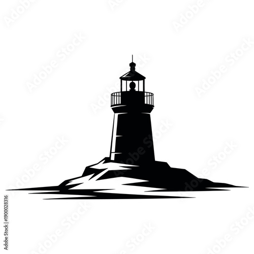 Dramatic silhouette of lighthouse standing tall on rocky shore guiding ships at sea with warning light symbol of safety hope and navigation.