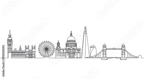 London skyline continuous line art drawing. Famous city landmarks illustration.