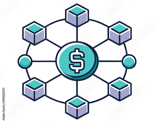 Financial network illustration showcasing dollar sign connection between various cube-shaped nodes in a circular arrangement