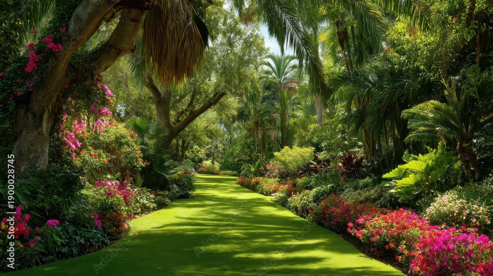 Obraz premium Lush tropical garden path with vibrant flowers and towering palms