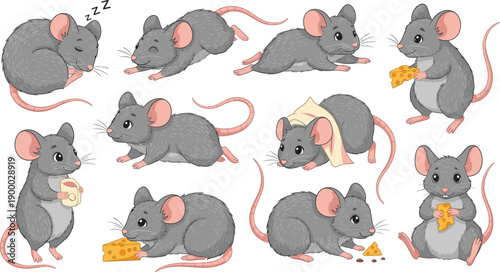Cute Mouse Cartoon Character Vector Set Eating Cheese and Sleeping for Kids Nursery Decor Children Storybook Illustration Small Animal Flat Design Bundle