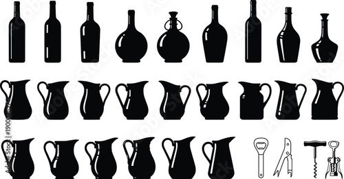 Professional Glass Bottle and Pitcher Silhouette Collection, Barware Wine Decanter and Jug Vector Illustration, Culinary Kitchen Tools and Corkscrew Icons for Beverage Branding