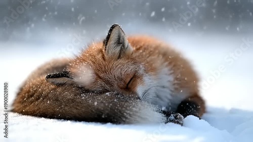Red Fox Curled Up Sleeping Peacefully in Fresh White Snow During a Gentle Winter Snowfall