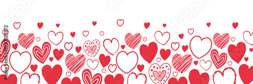 Banner with cute cartoon floating hearts. Background with hand drawn shapes. Doodles. Design for Valentine’s Day, Mother’s Day and Women’s Day. Vector illustration