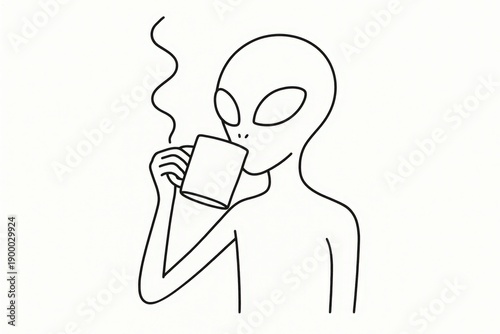 A minimalist line-art alien calmly sipping a hot drink from a mug, with rising steam and a simple, clean outline style.