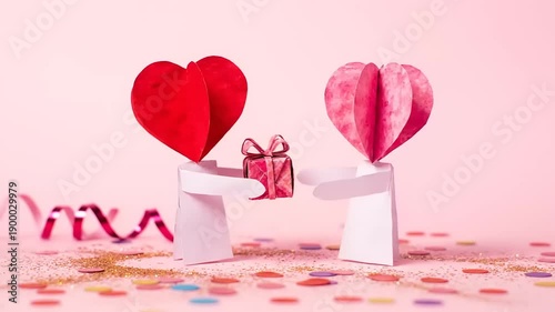 Paper craft figures with heart heads exchanging a gift on a pink background with falling confetti and streamers for love and celebration
