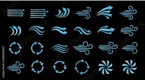 Air Flow Arrows Vector Set, Blue Cold Wind and Water Stream Direction Icons, Cooling Ventilation and Air Conditioner Infographic Elements, Transparent Motion and Rotation Graphics
