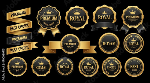 Luxury Gold Labels Vector Set, Premium Tags, Ribbons and Banners, Best Quality Certificate Stickers, VIP 3D Emblems, Elegant Vintage Shields and Exclusive Promotion Badges