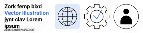 Global connectivity, technology software, user profiles, system verification, web tools, UX design. Set of icons a globe, gear with a checkmark and a user profile symbol. Global connectivity