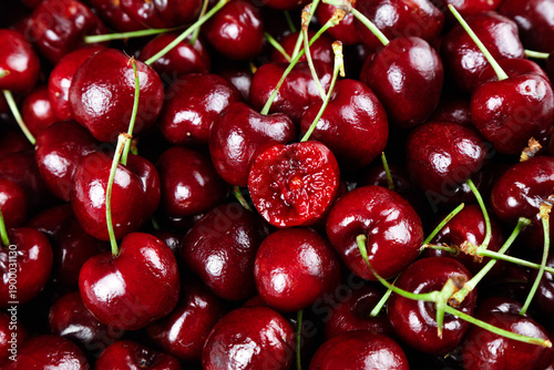 Canvas Print Fresh Red Cherries with Stems - Ripe Summer Fruit Background