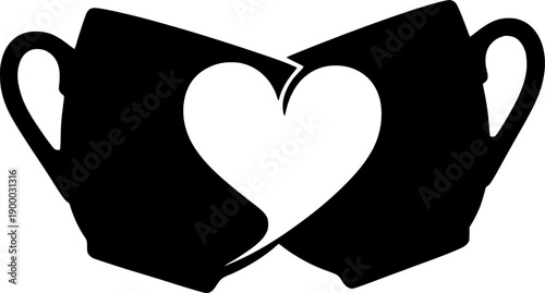 Two black coffee mugs clinking together forming a white heart shape in the center, simple silhouette design for love and friendship theme.