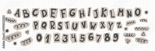 Vintage paper alphabet stickers with retro cutout letters, torn edges, and collage aesthetic. Hand drawn elements with crayon, pencil or chalk texture. Vector illustration.