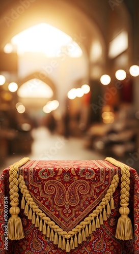 Empty Product Display Table with Luxurious Red & Gold Persian Cloth and Bokeh Bazaar Background | Use for Ramadan & Eid Mockups