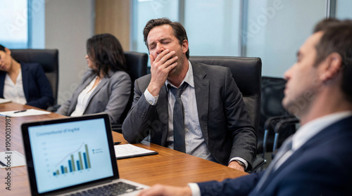 Businessman yawning during meeting in conference room, surrounded by colleagues, with laptop displaying graph on table. atmosphere appears tired and disengaged