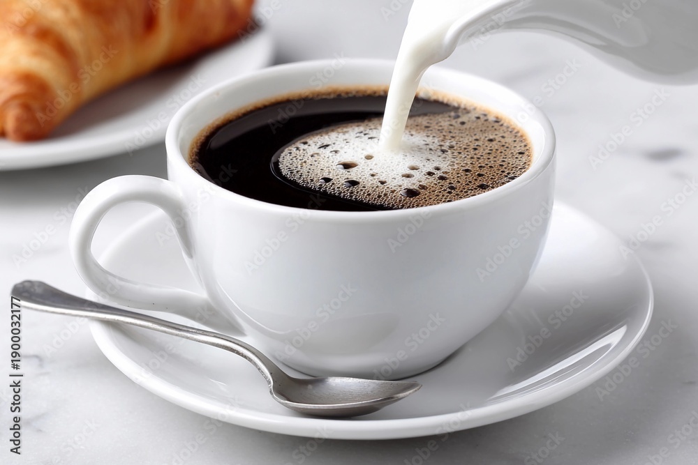 Obraz premium Coffee and cream with a croissant on a table