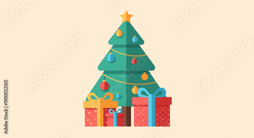 Festive green tree adorned with ornaments and gifts below