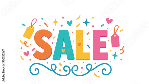 A colorful sale sign with confetti and decorations on a white background