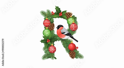 Festive letter R with a bullfinch, ornaments, and pinecones