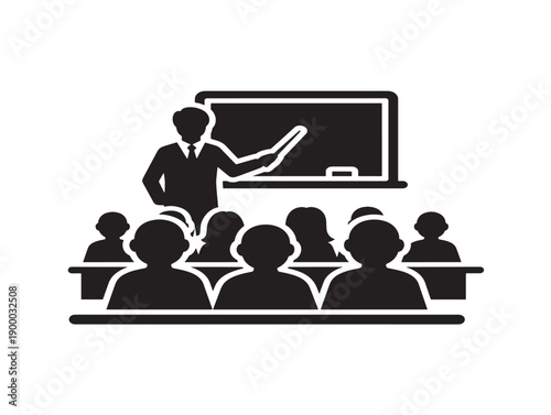 Minimalist classroom scene with teacher and students