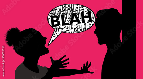 Photos An enthusiastic female, perhaps a Karen, has a man backed up against the wall as she blurts out her ideas rapidly spoken words that sound like blah, blah