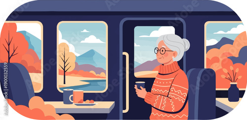 Elderly woman enjoys a scenic train ride through autumn mountains with a warm drink