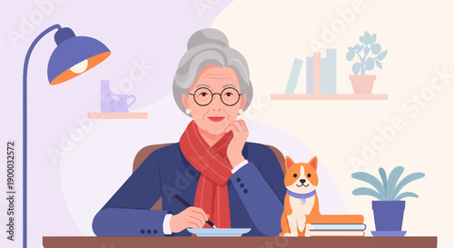 Elderly woman at desk with dog and plants, pen in hand