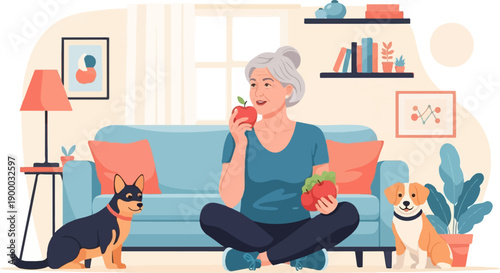 Elderly woman enjoys apples in a cozy living room with two dogs