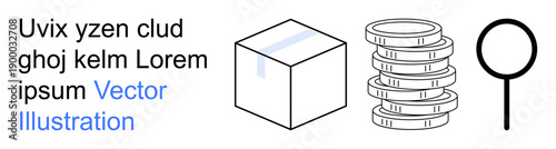 Business analysis, investment strategies, financial review, research , decision-making tools, and data-focused insights. Cube, stacked coins and magnifying glass. Business analysis and investment