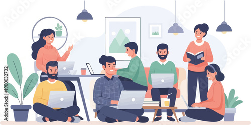 Diverse people collaborating on laptops and a book in a bright, modern room