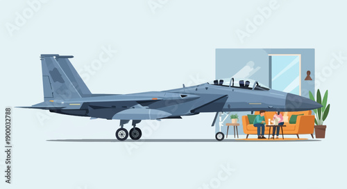 Fighter jet in living room with couple relaxing