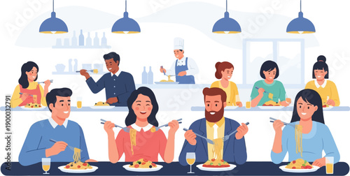 Diverse people enjoying pasta dishes in a bright, modern restaurant setting