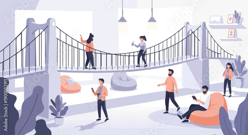 Diverse people interact on a suspension bridge in a modern office space
