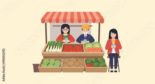 Diverse people operating a vibrant outdoor market stall filled with fresh produce