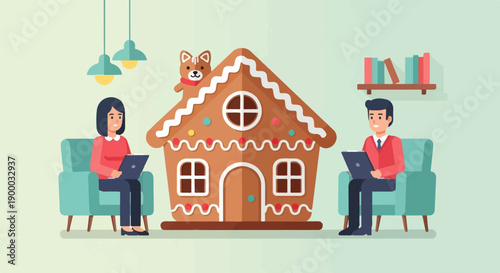 Diverse people use laptops near a large gingerbread house and bookshelf