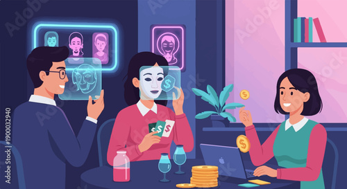 Diverse people interact with futuristic holographic interfaces and financial elements