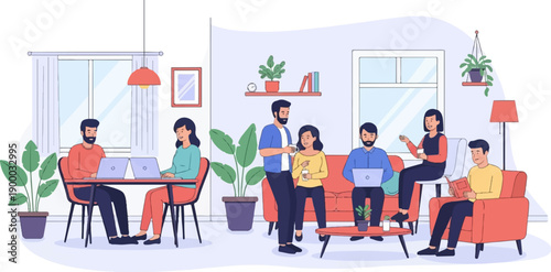 Diverse people collaborating and working in a bright, modern office space