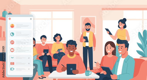 Diverse group interacting with technology in a bright, modern living space