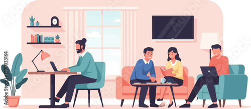 Diverse people working and relaxing together in a modern, cozy living space