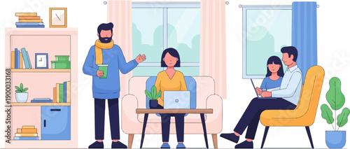 Diverse group interacting with technology and books in a cozy home setting