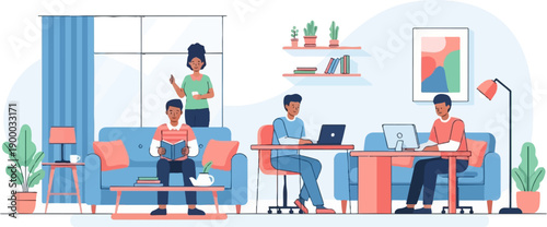 Diverse people working and relaxing in a modern, well-lit living space