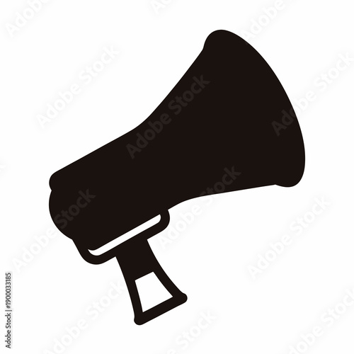 A single black megaphone silhouetted against a stark white background design