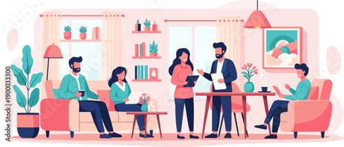 Diverse group in a modern living room, discussing work and leisure