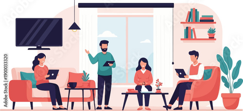 Diverse group in a modern living room, discussing ideas on tablets and watching TV